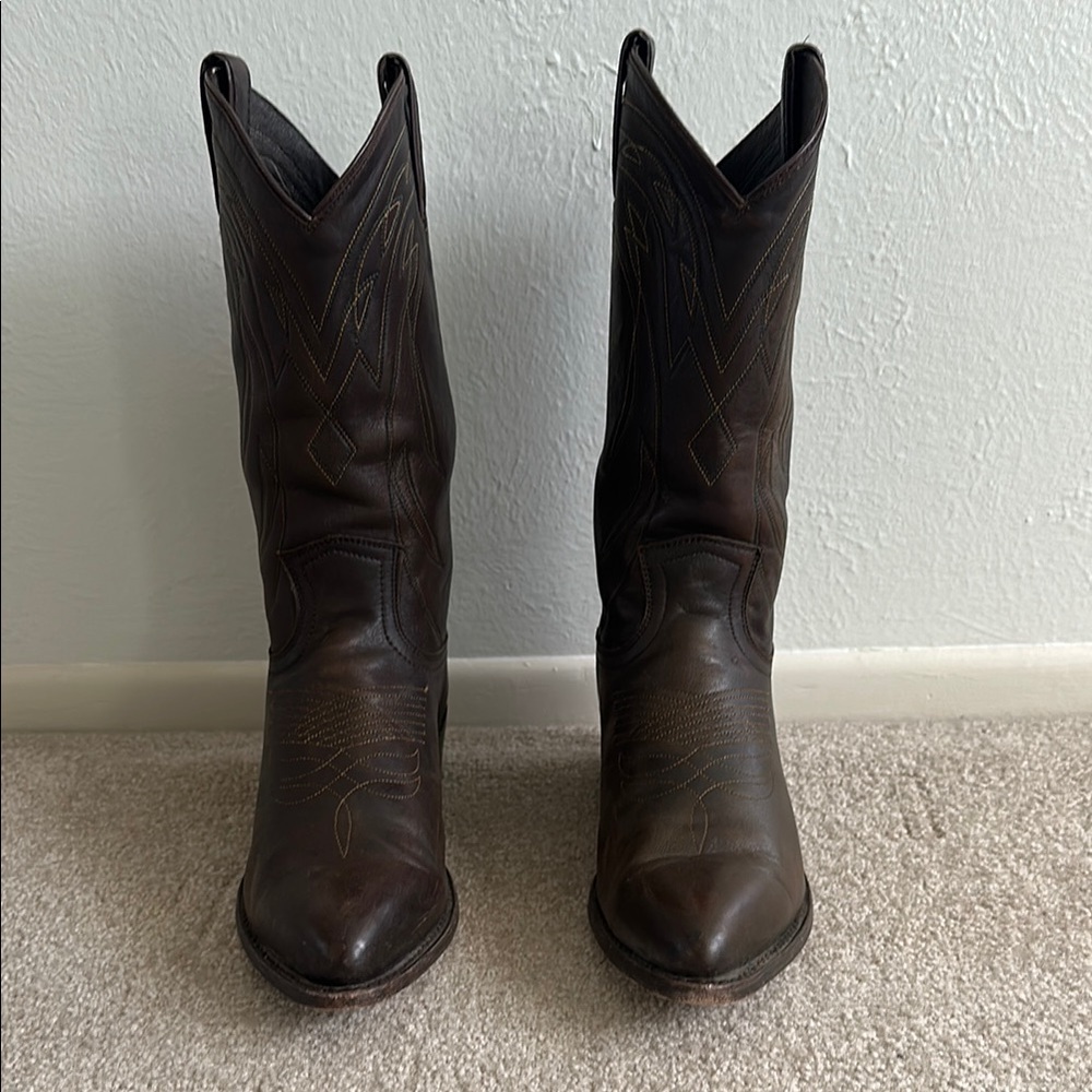 Frye Brown Leather Cowboy Boots-Billy Pull On Dark Brown